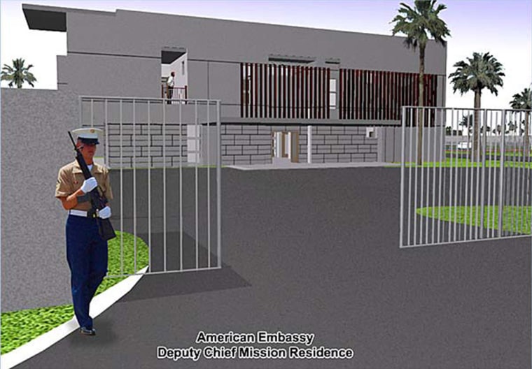 This computer-generated architectural rendering recently posted on the architect's Web site reportedly shows the entrance to the residence of the Deputy Chief of Mission, part of the American Embassy complex in Baghdad, Iraq, currently under construction.