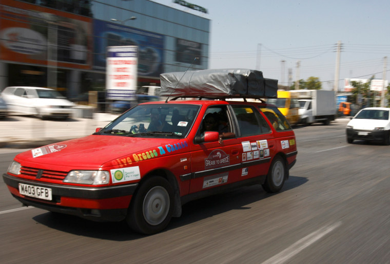 Image: A participating car in the eco-friendly \"Grease to Greece\" rally