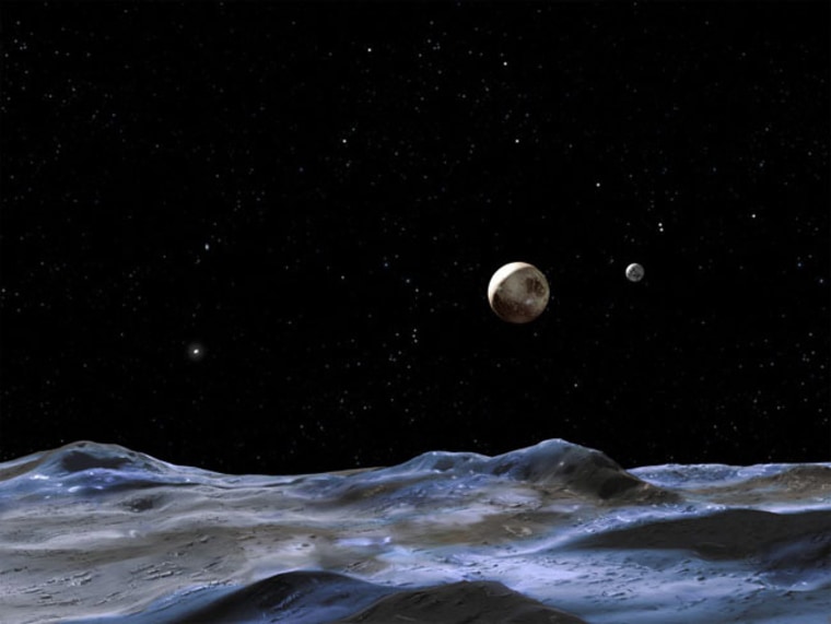 The artist's concept gives a view of the Pluto system from the surface of Nix or Hydra, two of its moons discovered in 2005. Nix and Hydra are two to three times farther from Pluto than its large moon, Charon (to the right of Pluto), which was discovered in 1978. Credit: NASA, ESA and G. Bacon (STScI).
