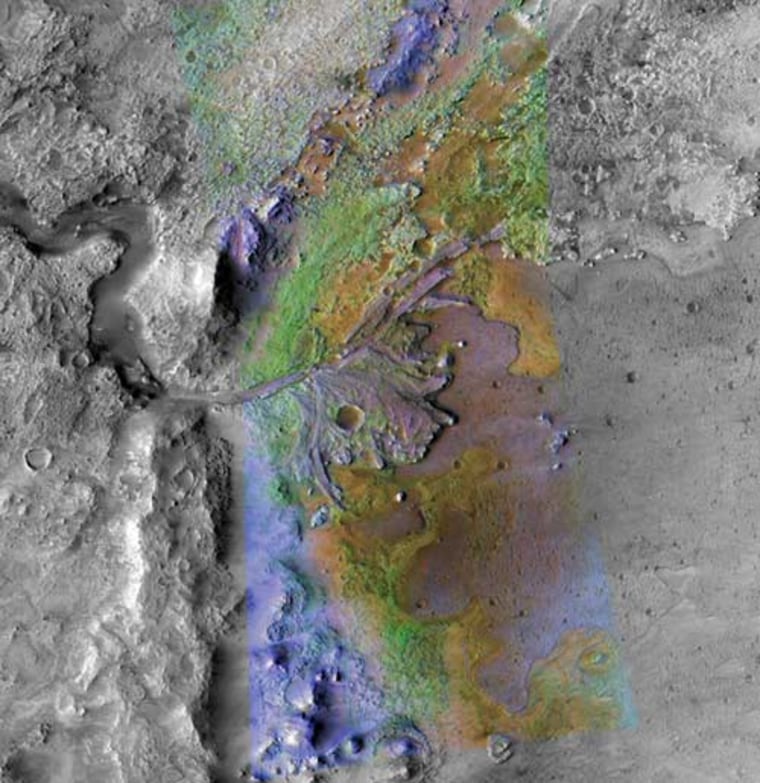 The delta in Jezero crater, a past lake on Mars. Ancient rivers ferried clay-like minerals (shown in green) into the lake, forming the delta. The clays then were trapped by rocks (purple).