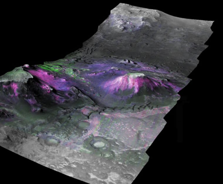 3D image of a trough in the Nili Fossae region of Mars, which had expansive outcrops of phyllosilicates.