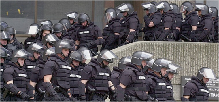 Image: State troopers in riot gear ready for the 2004 DNC in Boston