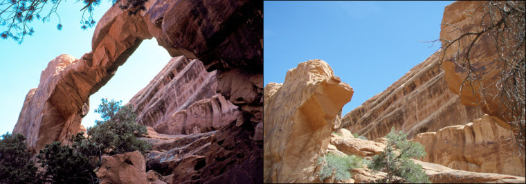 An undated image, left, provided by the National Park Service shows the arch before its collapse, right.