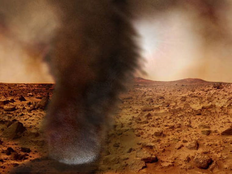An artist's concept illustrating what an electrified Martian dust devil might look like. The whitish glow near the bottom is the result of an electrical discharge. Credit: University of Michigan