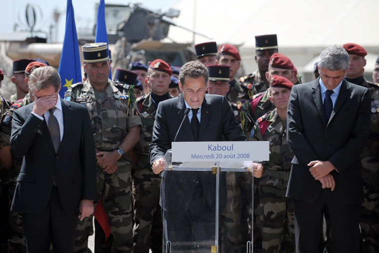 Image: French President Nicolas Sarkozy addresses French soldiers from the 8th regiment of paratroopers at Warehouse camp in Kabul