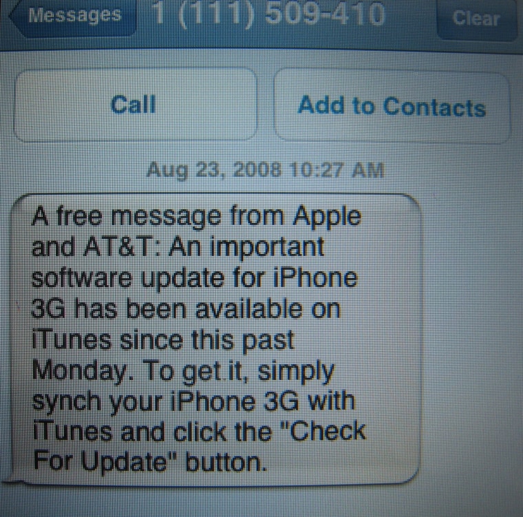 Image: Text message from Apple and AT&T