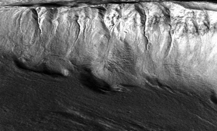 A high-resolution image from the CTX camera on the Mars Reconnaissance Orbiter is draped over topography data to create a bird's-eye view of martian gullies, features thought to represent relatively recent flow of water on the surface of Mars.