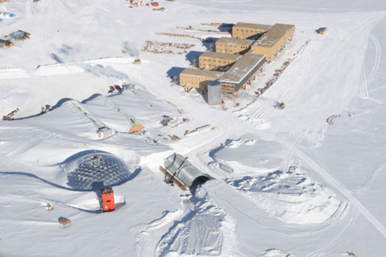 NASA Ames scientist Chris McKay likened a lunar outpost to the permanent research bases in Antarctica. In this aerial view, the new Amundsen-Scott South Pole Station is shown (at upper right) along with its predecessor (lower left), which has been in operation for over 50 years. Credit: NSF/Ethan Dicks