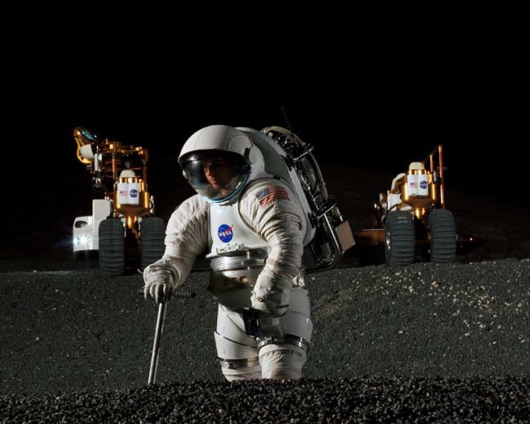 Spacesuit engineer Dustin Gohmert simulates work in a crater of Johnson Space Center's Lunar Yard, while his ride, NASA's new lunar truck prototype, stands ready in the background. Credit: NASA.