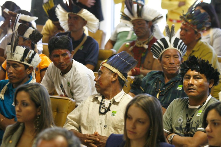 Image: Members of several ethnic groups attend on the Raposa Serra do Sol reserve at Brazil's Supreme Court in Brasilia