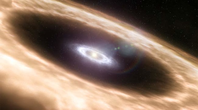 Artist impression of a planet-forming disk around a sun-like star. The studied disks were known to have gaps in the dusty disks (represented by the brownish color in the image) but the astronomers found that gas is still present inside these gaps (represented by the white color in the image). This can either mean that the dust has clumped together to form planetary embryos, or that a planet has already formed and is in the process of clearing the gas in the disk.