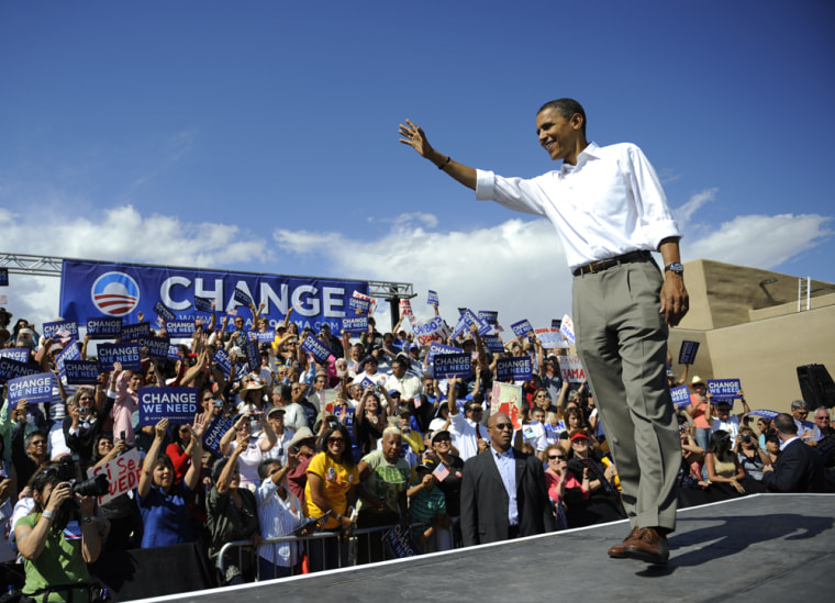 Image: Barack Obama greets supporters at the end of a rally at Plaza de Espanola