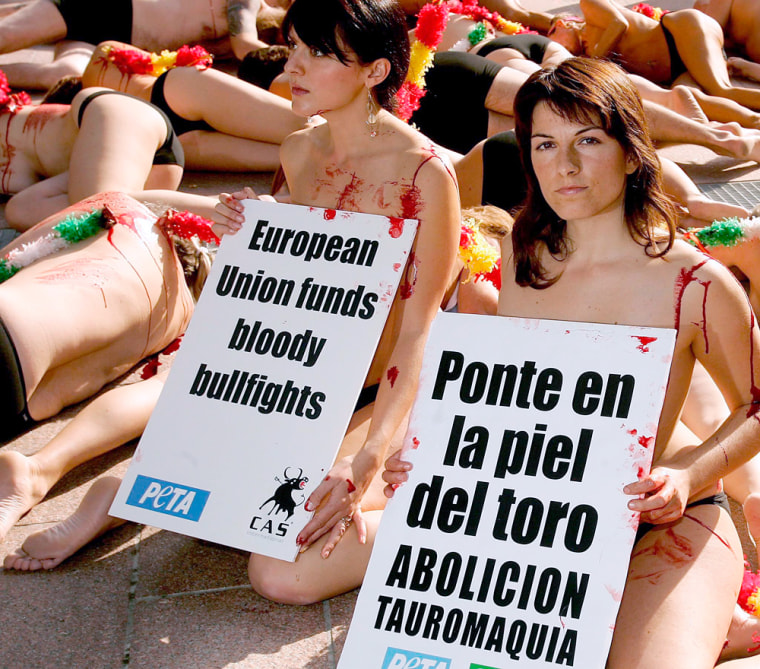 PETA animals rights activits demonstrate against bullfighting