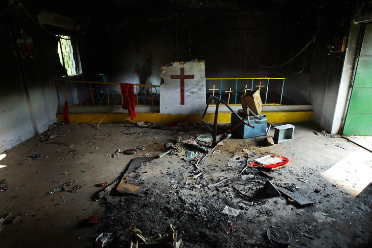 A burnt and damaged church in Tengedapathar, about 144 miles west of Bhubaneshwar, India, on Tuesday, Oct. 14.