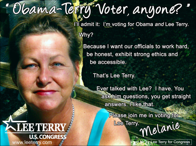 In a mailer sent out by Republican Lee Terry's campaign in Omaha, an Obama voter urges her fellow Nebraskans to split their tickets and vote for Terry.