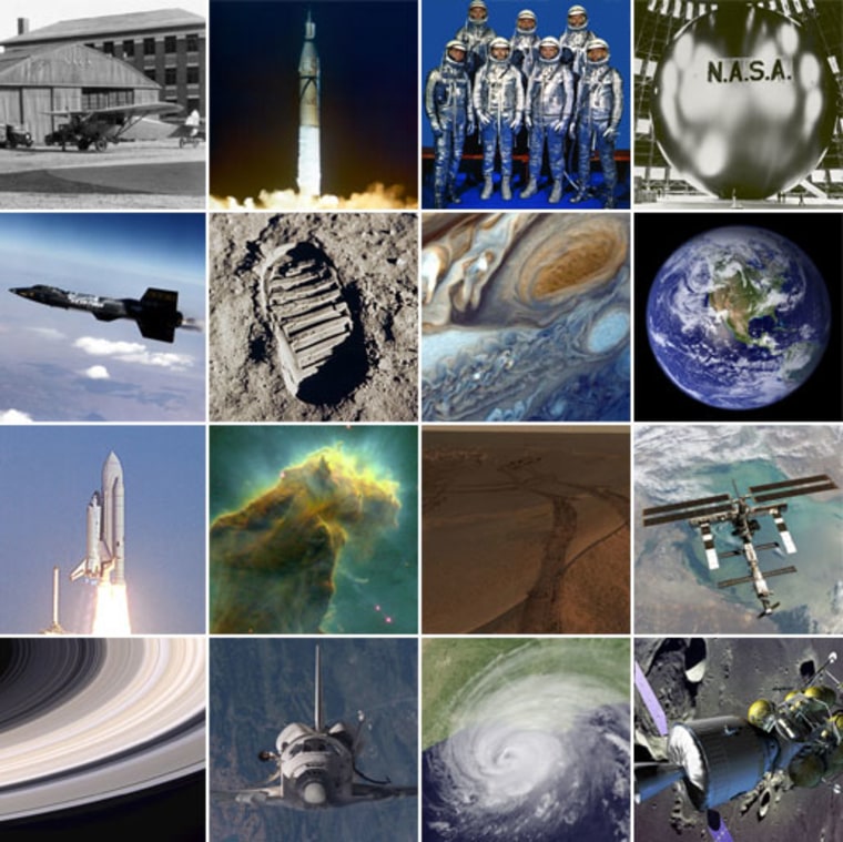 Scenes from NASA's history range from a 1931 archival photo of the original hangar at NASA's predecessor, the National Advisory Committee for Aeronautics (upper left), to landmarks of robotic and human exploration, to an artist's conception of future lunar exploration (lower right). Click on the image for detailed information on all 16 pictures.