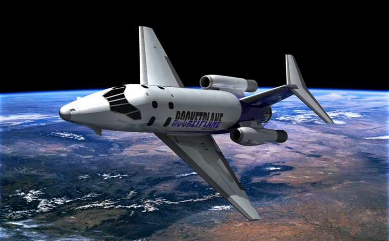 Rocketplane Global's XP suborbital craft, shown in this artist's conception, would accommodate five passengers and a pilot. The new design elements include a super-sized fuselage, the winglets at the nose and the T-shaped tail.