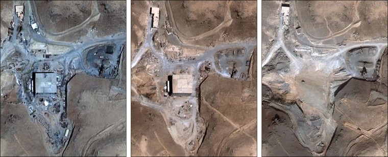 The image at left was taken September 16, 2003.  The middle image was taken on Aug. 10, 2007 before a Sept. 6, 2007 Israeli air attack. The one at right was taken Wednesday, October 24, 2007.