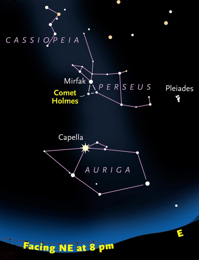 In mid-evening, face northeast and look high for these constellations. Comet Holmes is in Perseus below the bright star Mirfak. 