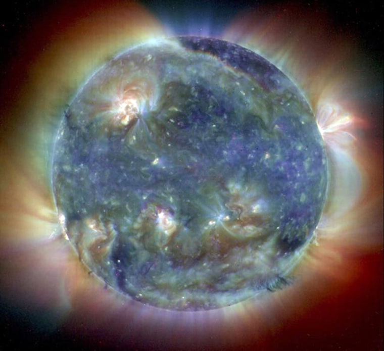 The sun, shown here, may have the same dynamics of the star HIP 56948, about 200 light years away. The long distance could enable astronomers to better understand the mechanics of our backyard star. 