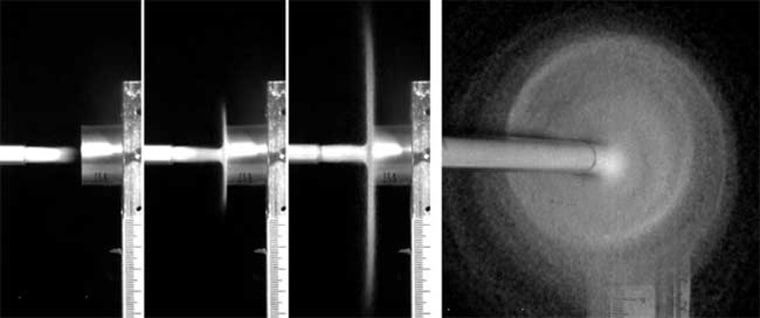 Image: a jet of glass beads at half a millisecond before and 2 1/2 and 9 1/2 milliseconds after colliding with a flat, cylindrical target
