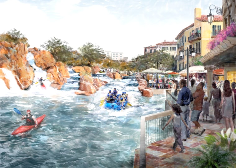 This artist mock-up shows kayakers navigating the whitecaps of a wide, rumbling river as families look on from underneath picnic umbrellas at the Waveyard ocean theme park in Mesa, Ariz. when the project is complete in 2011. The Waveyard will drain as much as 100 million gallons of groundwater a year in exchange for a half-billion dollars worth of surf-sized waves, snorkeling, scuba diving, kayaking and more on 125 acres in suburban Mesa. (AP Photo/Waveyard Development, LLC)