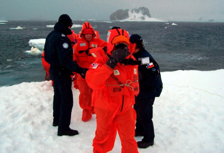 Image: Arrival of MV Explorer crew and passengers to Chilean naval base in the Antarctic.