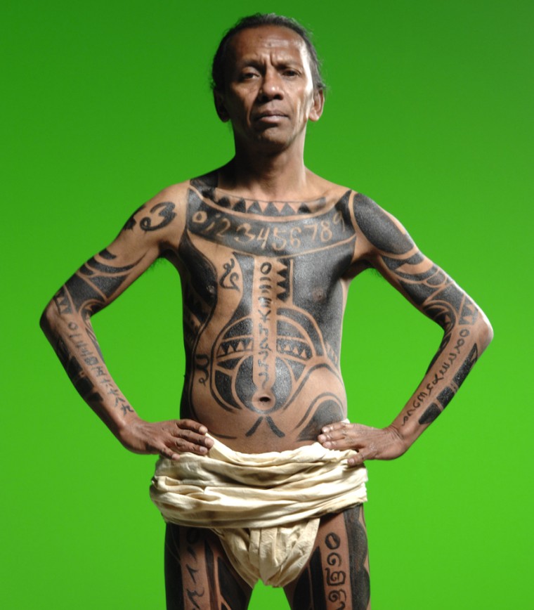 Volvo provided this photo of \"Tattoo Man.\"  The tattoos on his body spell out the coordinates of an undersea location where Volvo had sunk $50,000 in gold coins and keys to a new car. (AP Photo/Volvo)