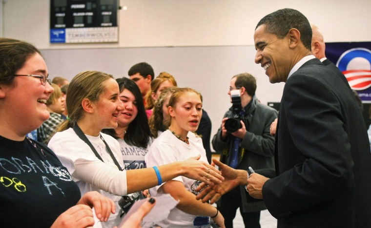 Image: Democratic presidential hopeful U.S. Sen. Barack Obama (D-IL) greets students during a \"Meet the Candidate\" event at Prospect Mountain High School