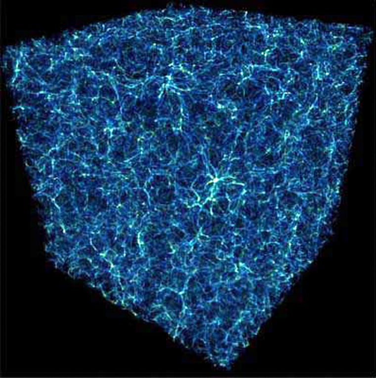 Image: A portion of a supercomputer simulation of the universe showing a region roughly 1.5 billion light-years on a side
