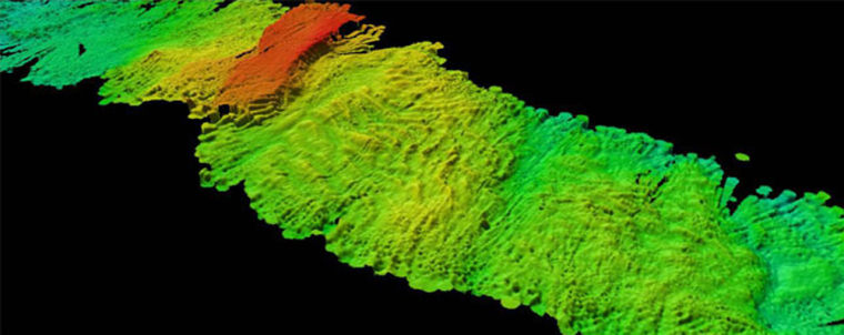 Sonar image of the Arctic Ocean floor, showing a wavy surface caused by water currents.