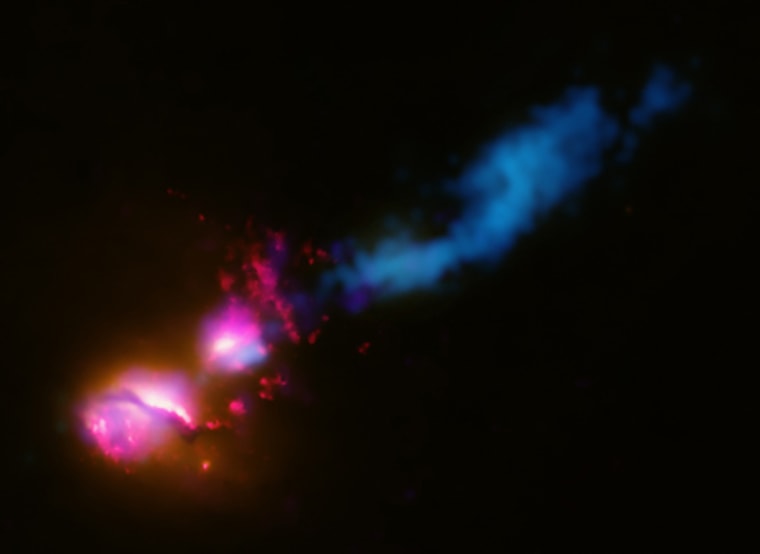 Image: jet from a black hole at the center of a galaxy, at left, striking the edge of another galaxy.