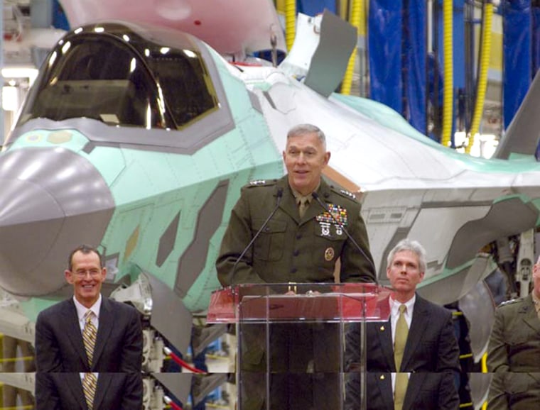 Gen. James T. Conway, Commandant of the U.S. Marine Corps, speaks to a crowd on Dec. 18 at Lockheed Martin in Fort Worth, Texas, during the roll-out ceremony for the first F-35B Lightning II. 
