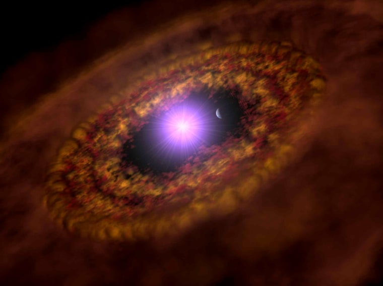 An artist's conception shows the sunlike star known as TW Hydrae, with a young planet in a close-in orbit. The star's dusty protoplanetary disk swirls farther out around the star.