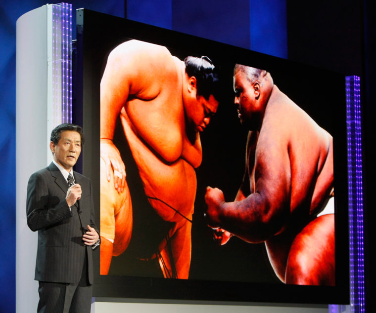 Image: Sakamoto, president of Panasonic AVC Networks introduces what the company calls the world's largest flat panel television at his keynote address at the CES in Las Vegas