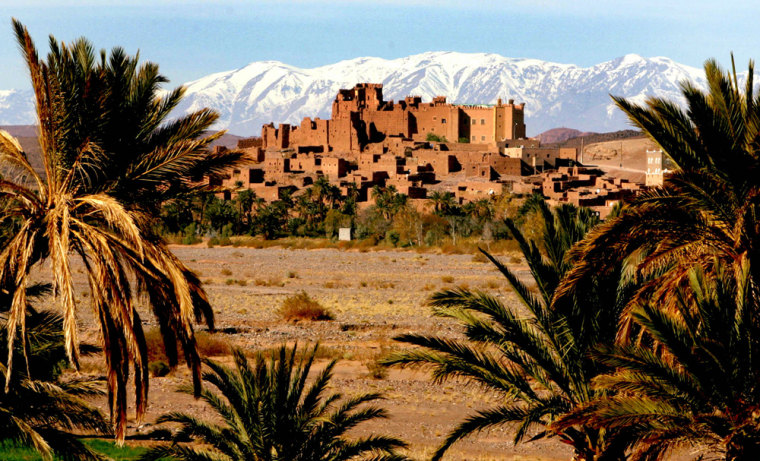 Image: A Kasbah, or old fortress turned into a hotel, is seen in a mountain oasis near Nekob, Morocco