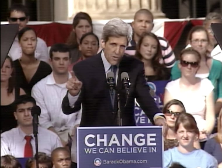Sen. John Kerry, D-Mass., appears onstage at a Barack Obama for president rally at the College of Charleston in South Carolina to offer his support to Obama's candidacy.