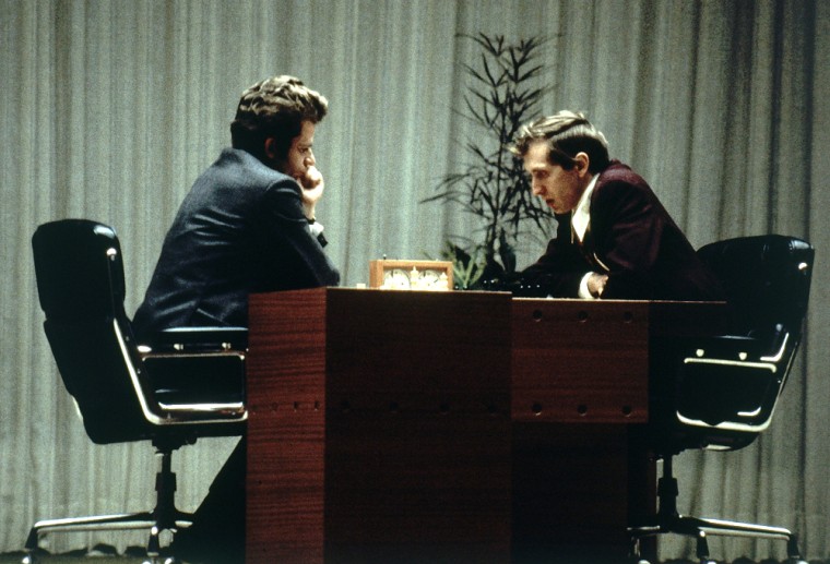 Bobby Fischer of the U.S. right, and Boris Spassky of Russia, play their last game together in Reykjavik, Iceland, in this Aug. 31, 1972 file photo. Fischer who renounced his U.S. citizenship, has died at the age of 64, Iceland's Channel 2 television reported Friday, Jan. 18, 2008.
