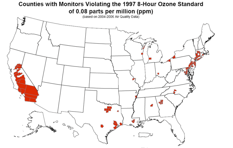 Image: Map of counties in U.S. with monitors violating the 1997 8-hour ozone standard.