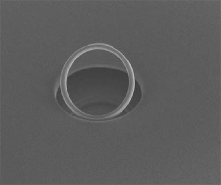 The world's smallest diamond ring measures 300 nanometers (billionths of a meter) thick and 5 microns (millionths of a meter) across. It was made by carving out a circular structure in an artifically made diamond. 