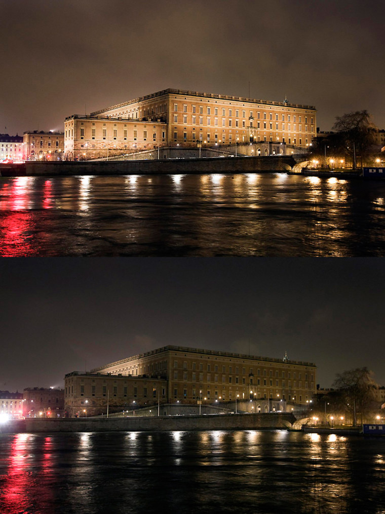 Image: A combo picture shows the Royal Castle in Stockholm, Sweden, moments before and after the lights were switched off for Earth Hour