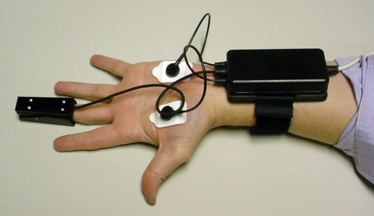 Image: Hand splayed out, with fingertip clamp and sensors on palms