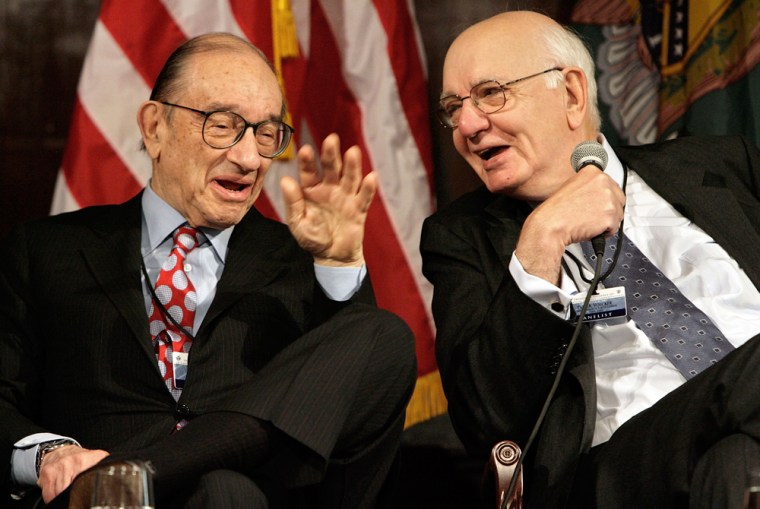Image: Former Federal Reseve System chairmen Alan Greenspan and Paul Volcke