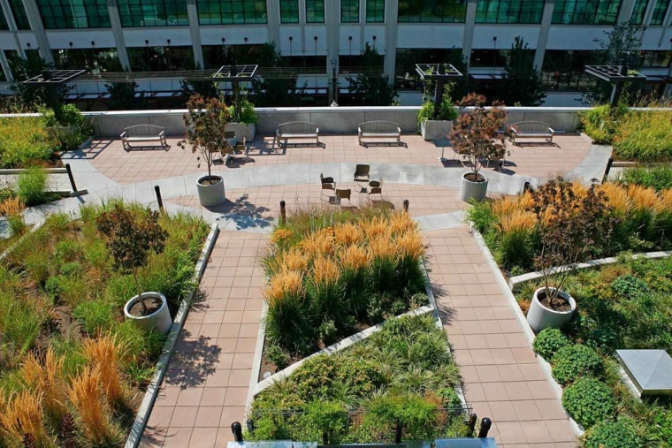 A residential high-rise apartment building in downtown Portland, The Louisa features an accessible green roof that mixes intensive and extensive plants. The award-winning roof was designed to reduce storm-water runoff, mitigate the urban heat-island effect and be aesthetically pleasing when viewed from above.