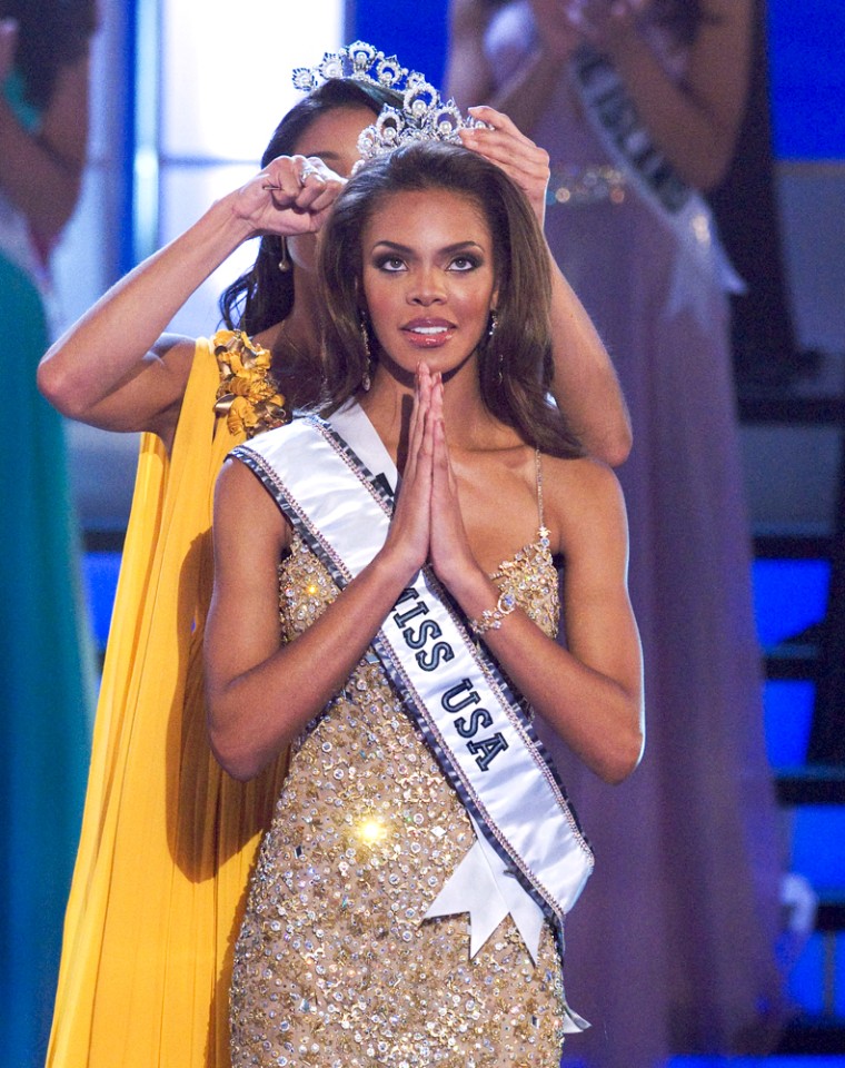 In this photo provided by Miss Universe, Crystle Stewart is crowned Miss USA 2008 at the conclusion of the telecast from the Planet Hollywood Resort and Casino Theatre for the Performing Arts, in Las Vegas, Nevada on Friday, April 11, 2008.  Stewart, of Missouri City, Tex., runs what she called a party planning and motivation speaking company and also models professionally. She says she wants to dedicate her life to international philanthropy. (AP Photo/Miss Universe L.P., LLLP, Darren Decker)