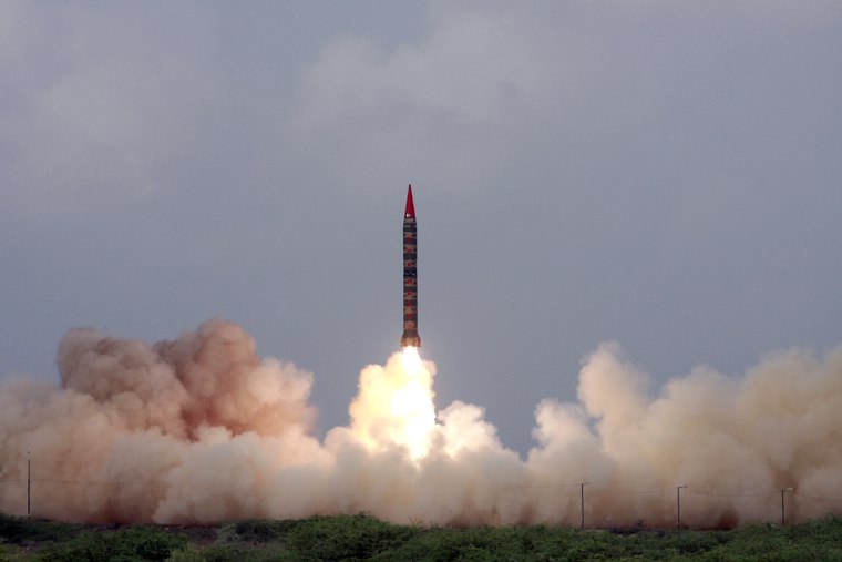 Image: A Hatf-VI (Shaheen-II) missile takes off during a test flight in Pakistan