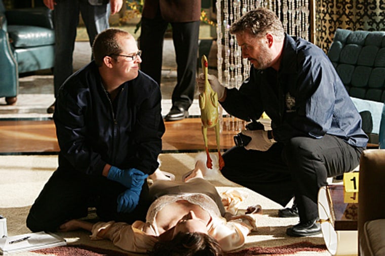 \"Two and a Half Deaths\" -- Grissom (William Petersen, right) and David Phillips (David Berman, left) become involved in the world of Hollywood comedy when a diva sitcom star (Katey Sagal, on floor) meets an untimely demise with a rubber chicken while filming her show in Las Vegas, on CSI: CRIME SCENE INVESTIGATION, Thursday, May 8 (9:00-10:00 PM, ET/PT) on the CBS Television Network.
Photo: Monty Brinton/CBS. 
© 2008 CBS Broadcastingl Inc., All Rights Reserved
