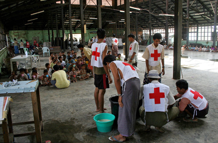 Image: Myanmar Red Cross volunteers at their temporary headquarters in Bogalay