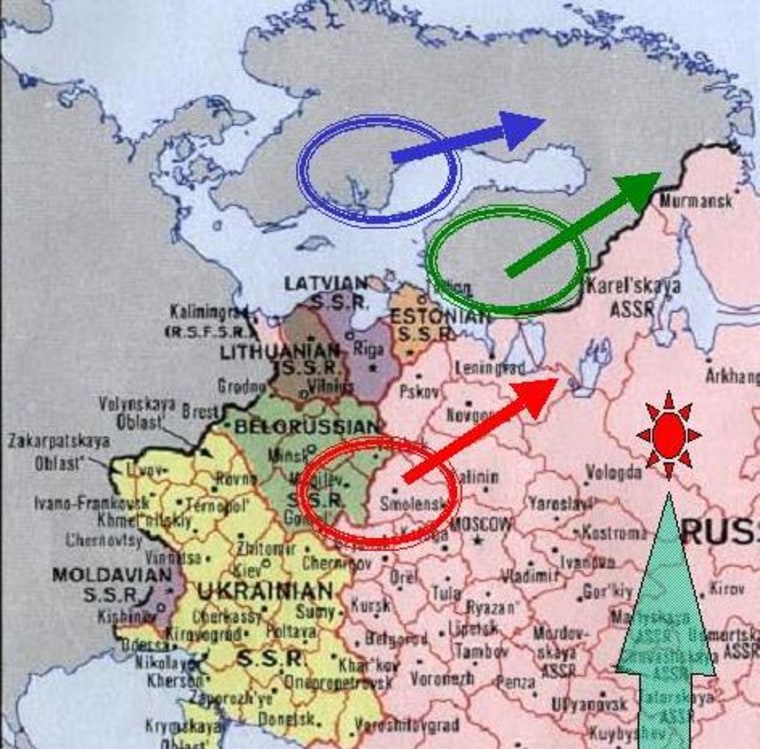 This map shows the area of the Minsk UFO sighting (as the red circle, with an arrow indicating the direction of the sighting), as well as the similar orientations for sightings on the same night in Sweden and Finland (blue and green circles). The shaded green arrow indicates the Plesetsk Cosmodrome, which does not appear to be the source of the sighting.