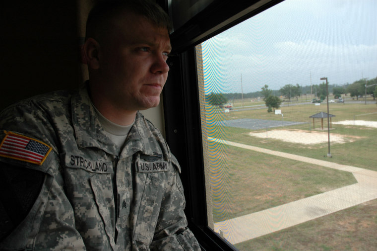 Sgt. Jonathan Strickland, 25, who has been diagnosed with PTSD, in barracks at Fort Benning that house wounded and are soldiers located across from several major firing ranges. 